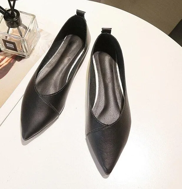 2020 Spring black soft PU leather shoes women larger sizes 40 ballet flats pointed toe shallow mouth slip-on ladies loafer n600