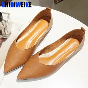 2020 Spring black soft PU leather shoes women larger sizes 40 ballet flats pointed toe shallow mouth slip-on ladies loafer n600