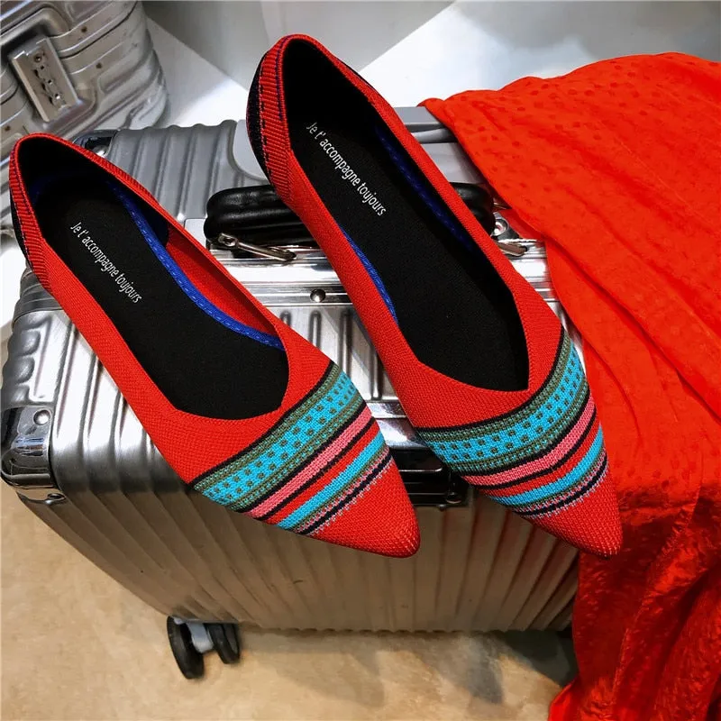2020Women's Flat Shoes Ballet Shoes Breathable Knit Pointed Shoes Moccasin Mixed Color Women's Soft Shoes Women Zapatos De
