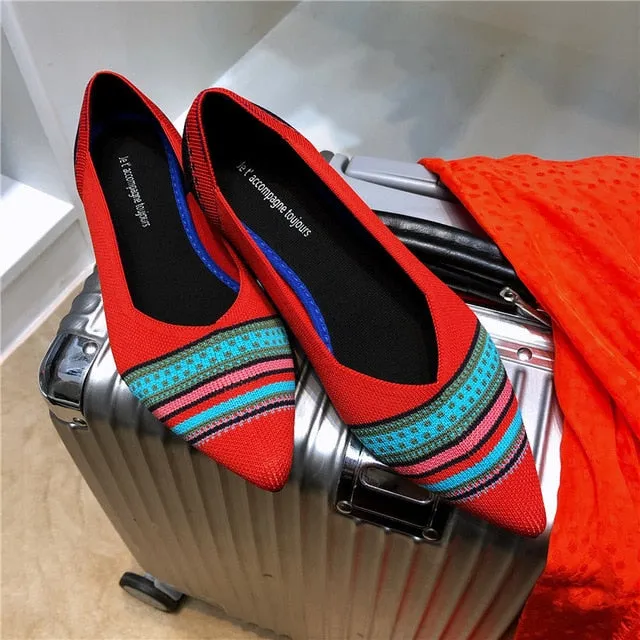 2020Women's Flat Shoes Ballet Shoes Breathable Knit Pointed Shoes Moccasin Mixed Color Women's Soft Shoes Women Zapatos De