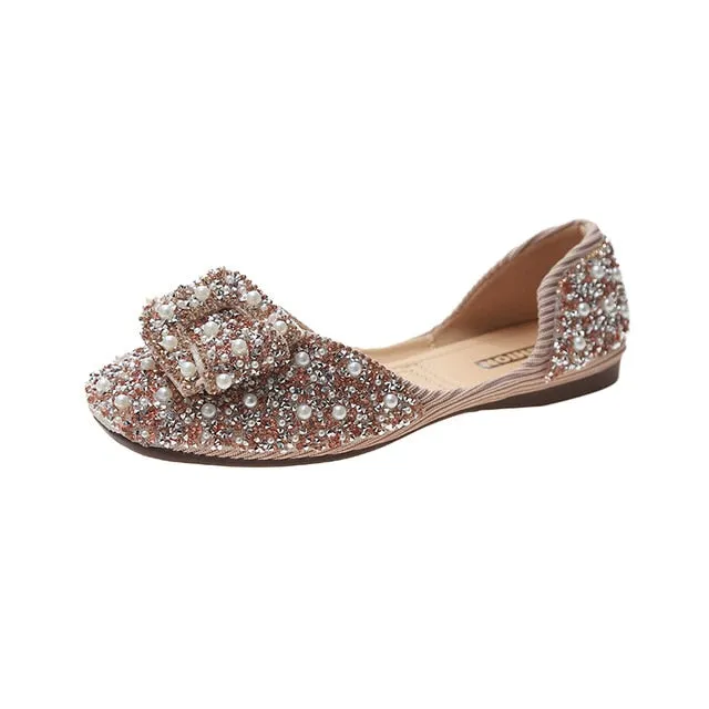 Aphixta Soft Women Butterfly Knot Loafer Bling Pearl Ballet Flats Shoes Shallow Round Toe Female Casual Shoes Large Size CN35-44