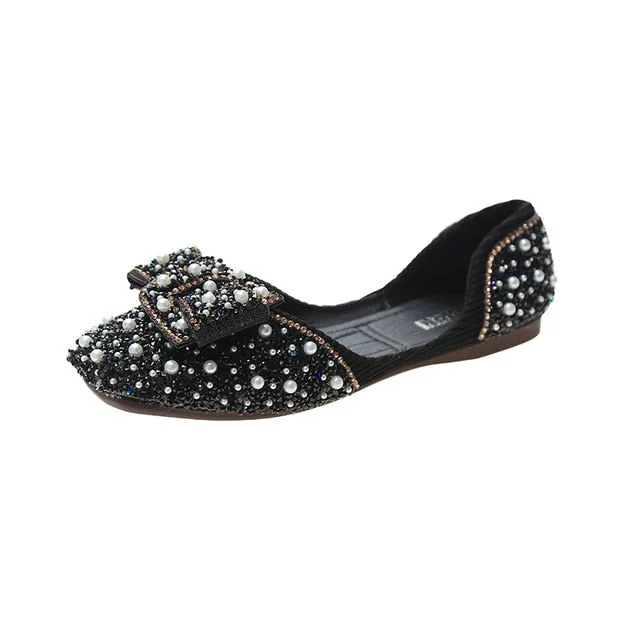 Aphixta Soft Women Butterfly Knot Loafer Bling Pearl Ballet Flats Shoes Shallow Round Toe Female Casual Shoes Large Size CN35-44