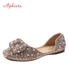 Aphixta Soft Women Butterfly Knot Loafer Bling Pearl Ballet Flats Shoes Shallow Round Toe Female Casual Shoes Large Size CN35-44