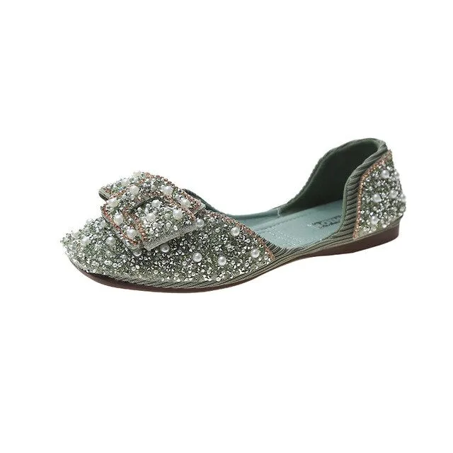 Aphixta Soft Women Butterfly Knot Loafer Bling Pearl Ballet Flats Shoes Shallow Round Toe Female Casual Shoes Large Size CN35-44