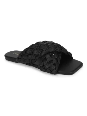 Black PU Braided Wide Strap Slip Ons (TC-ST-1217-BLK)