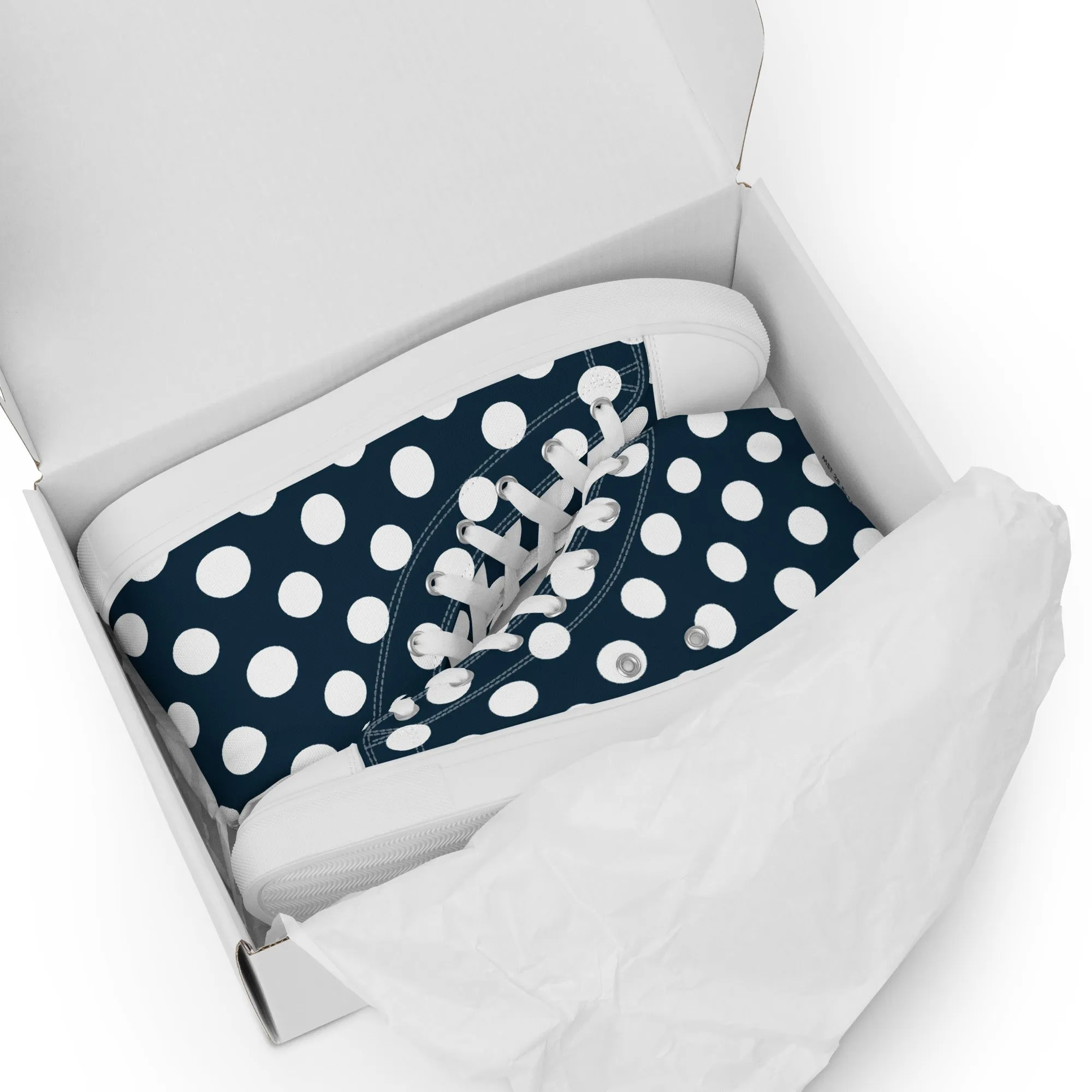 Blue with White Polka Dots Men’s high top canvas shoes