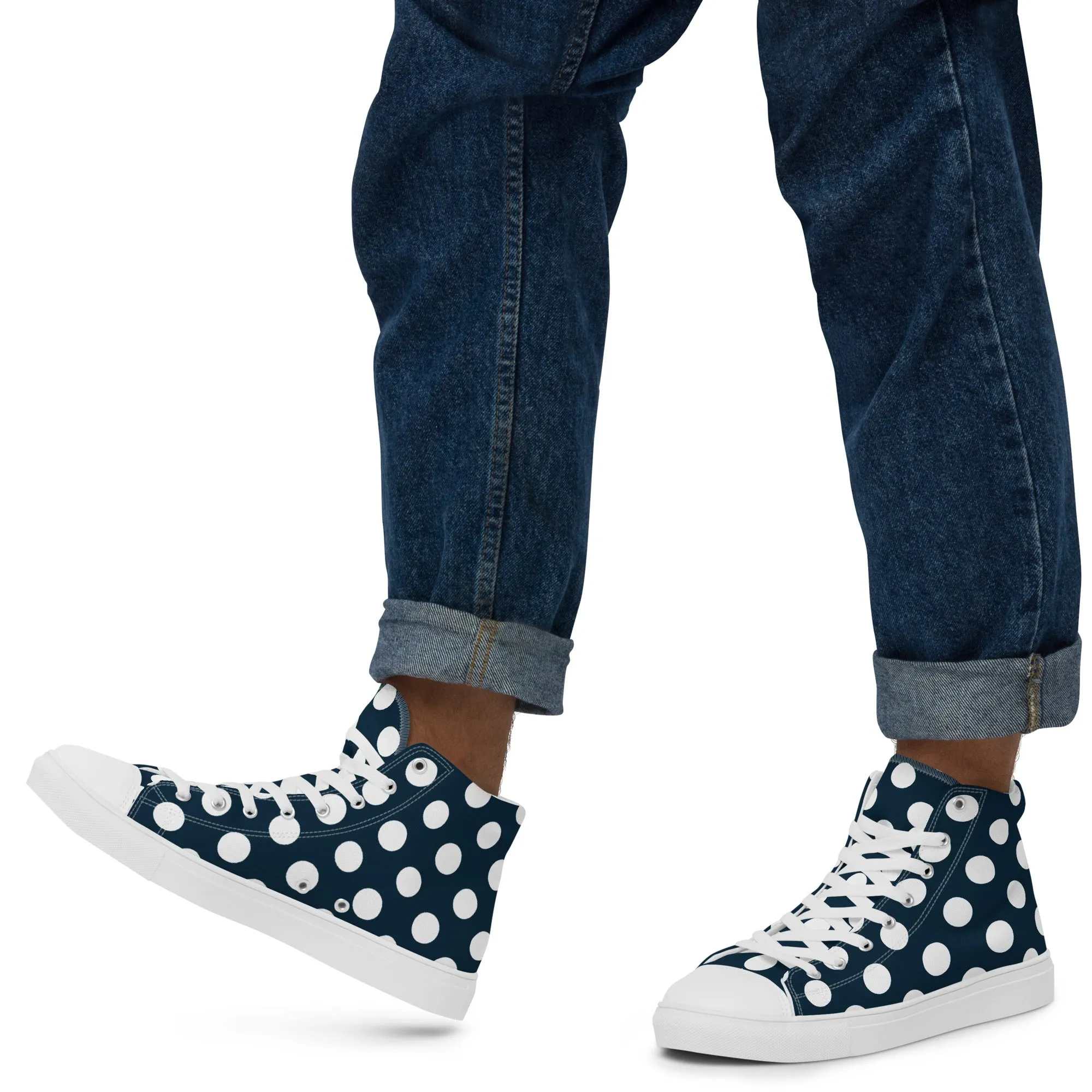 Blue with White Polka Dots Men’s high top canvas shoes