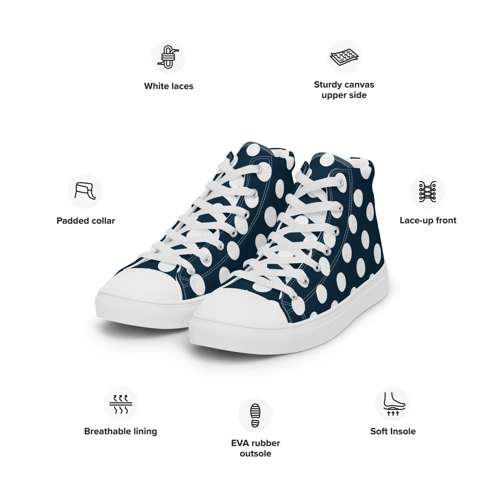 Blue with White Polka Dots Men’s high top canvas shoes
