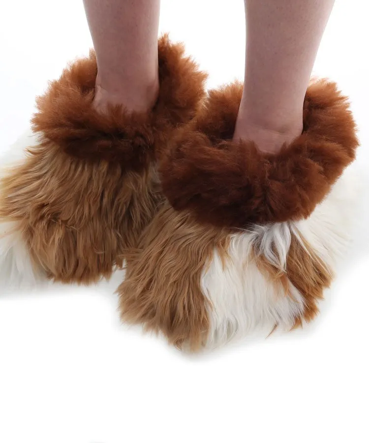 Brown - White Alpaca fur slippers warm & soft