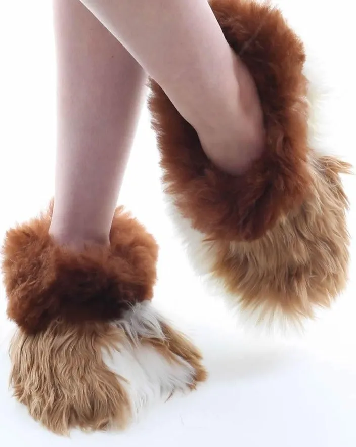 Brown - White Alpaca fur slippers warm & soft
