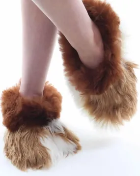 Brown - White Alpaca fur slippers warm & soft