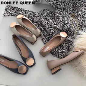 DONLEE QUEEN Women Flats Shoes Low Wooden Low Heel Ballet Square Toe Shallow Buckle Brand Shoes Slip On Loafers zapatos de mujer