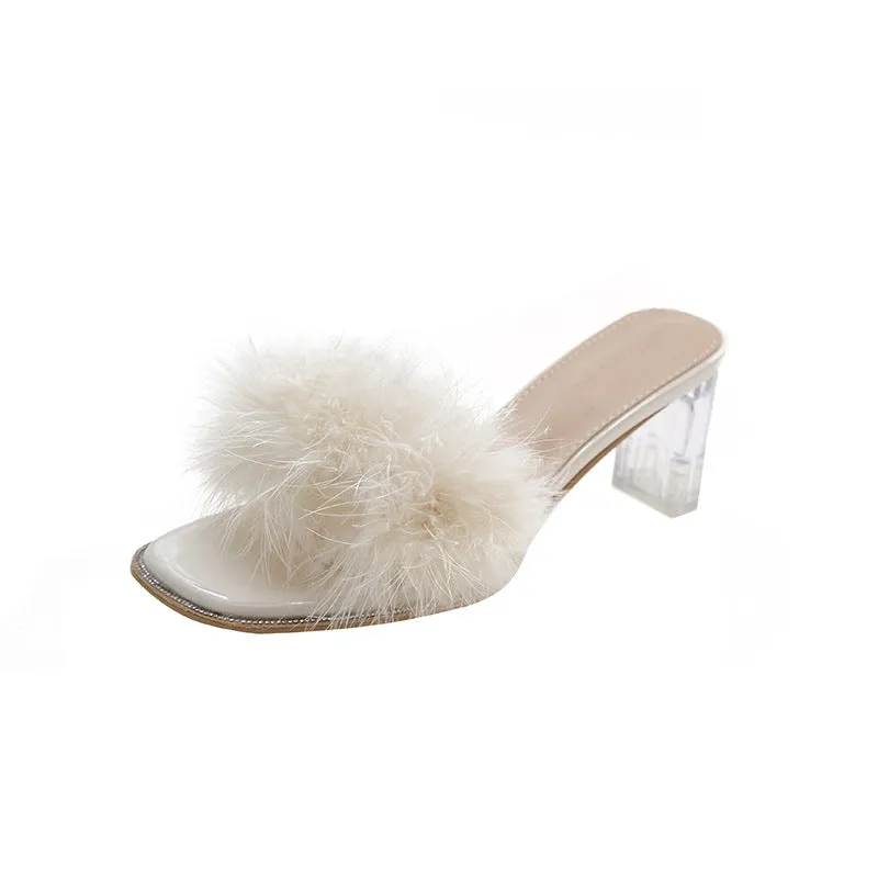 Furry Style French Thick Heel Slipper Sandals