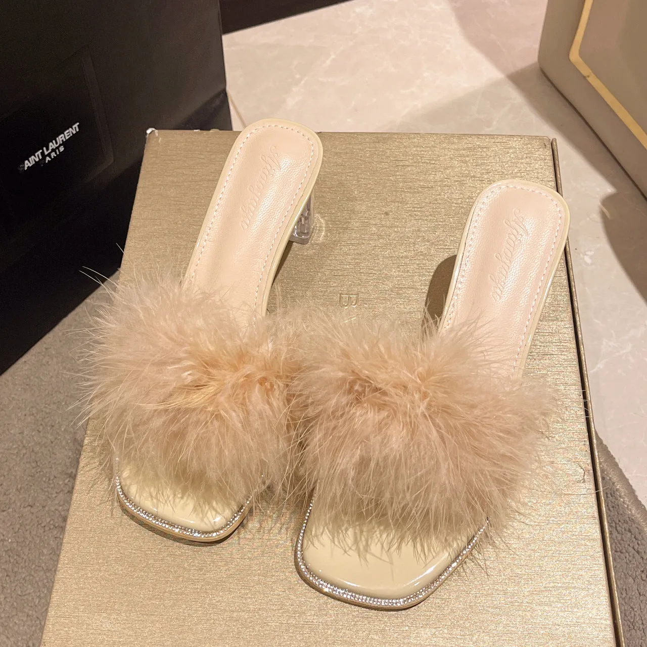 Furry Style French Thick Heel Slipper Sandals