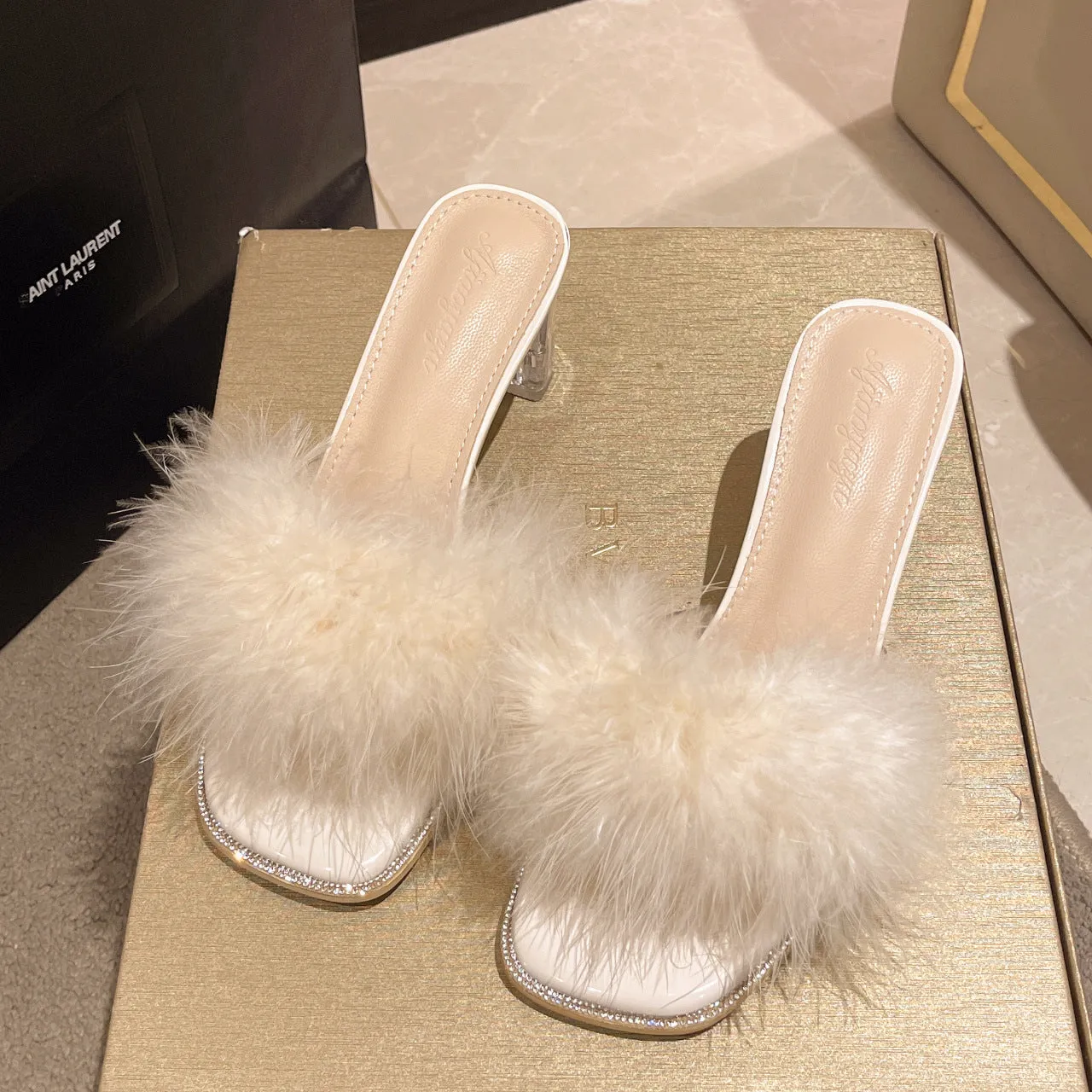 Furry Style French Thick Heel Slipper Sandals