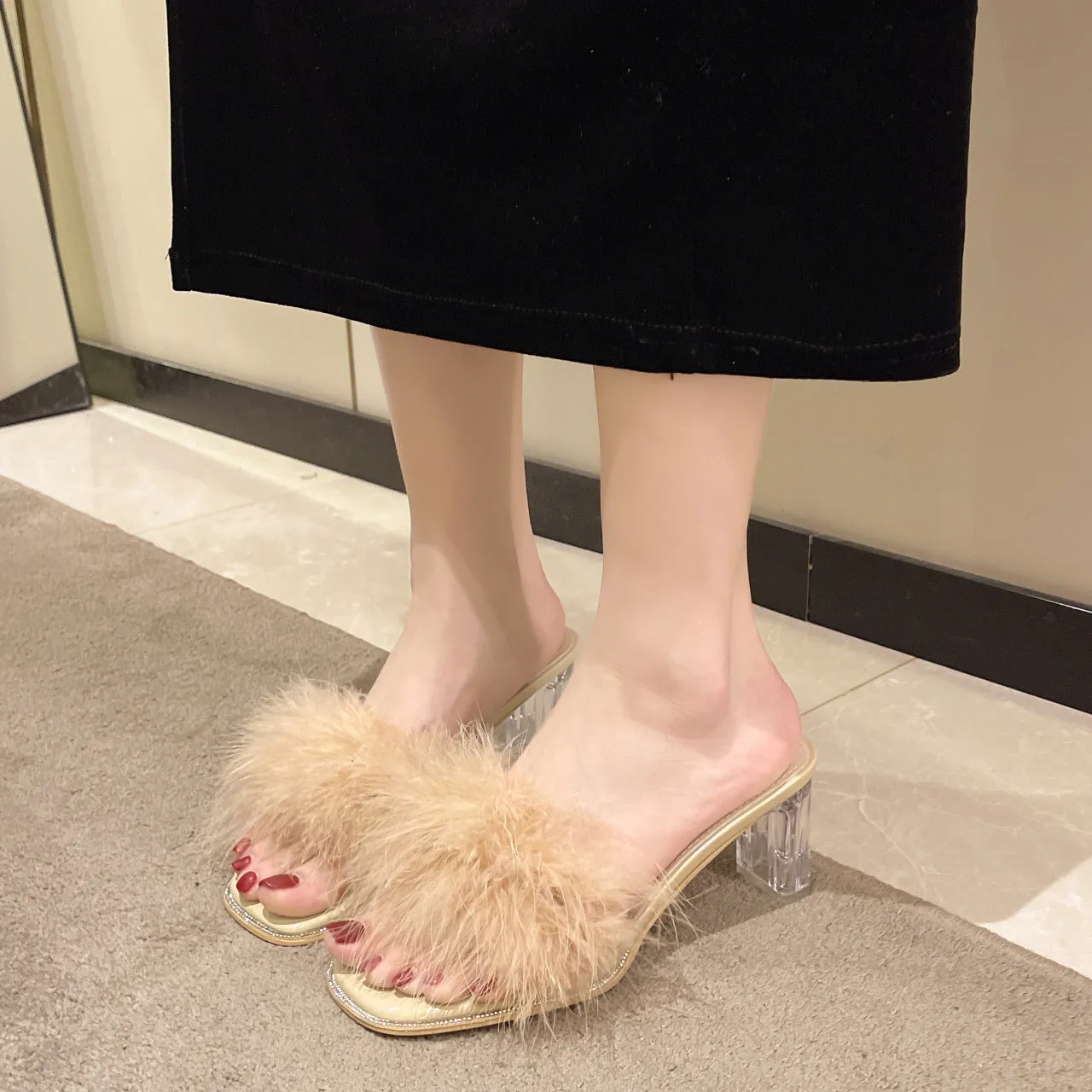 Furry Style French Thick Heel Slipper Sandals