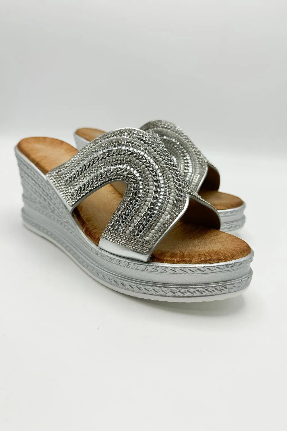 Hestia Diamante Strap Wedge Mules in Silver