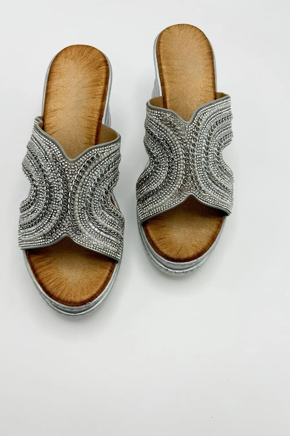 Hestia Diamante Strap Wedge Mules in Silver
