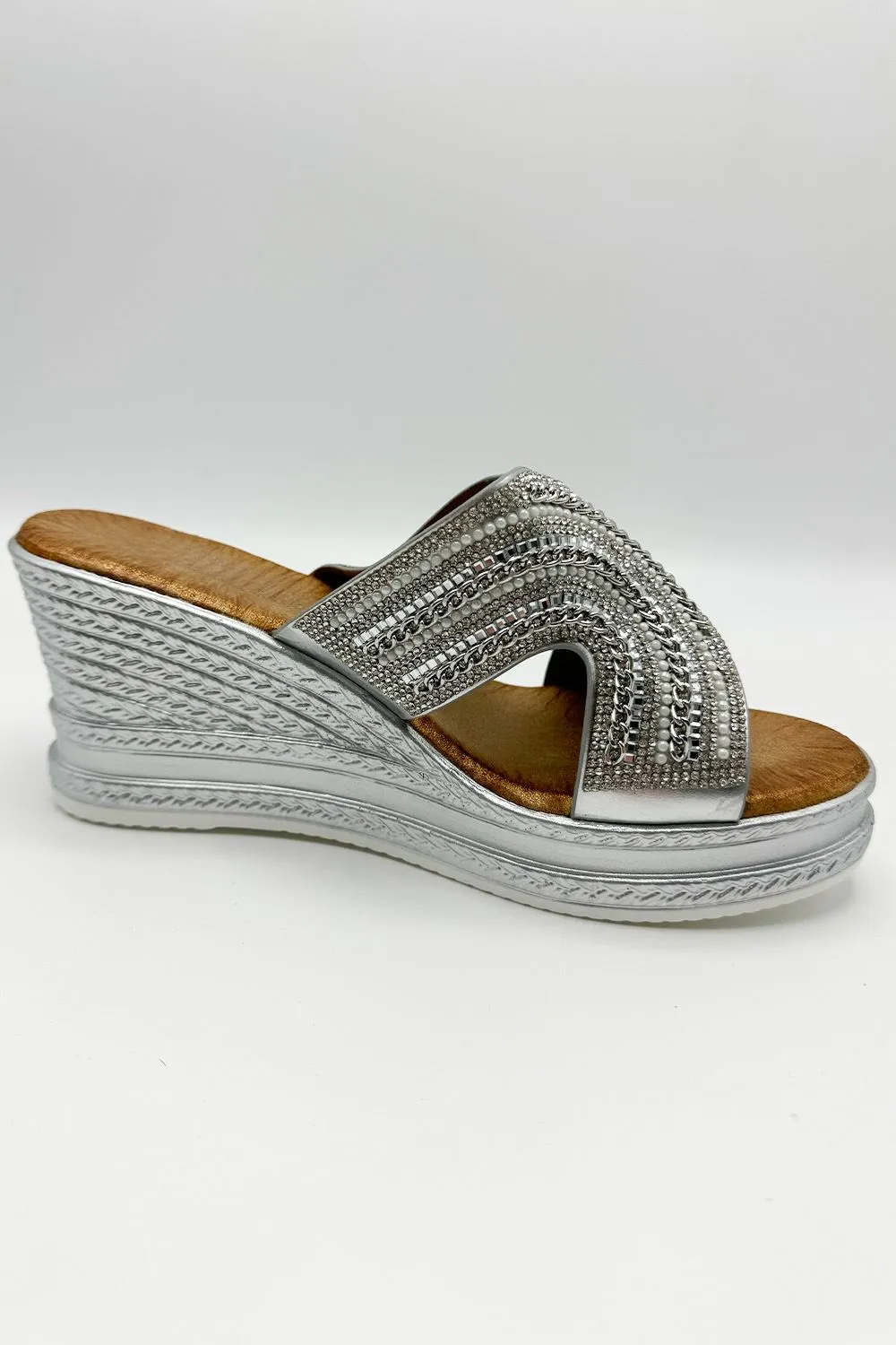 Hestia Diamante Strap Wedge Mules in Silver