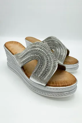 Hestia Diamante Strap Wedge Mules in Silver