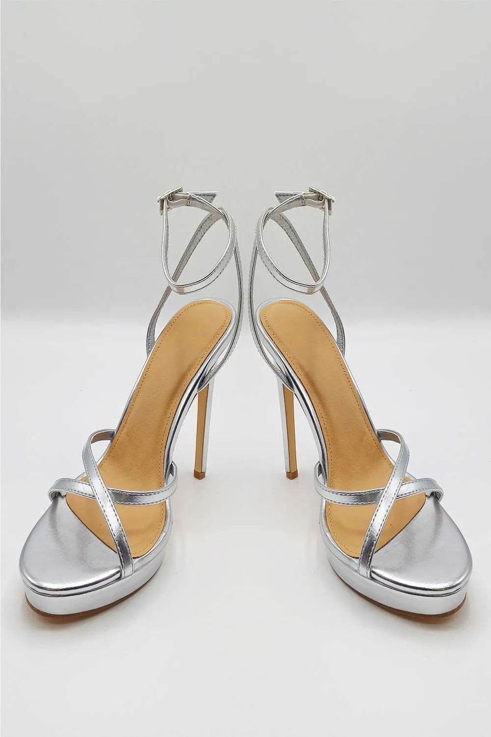 Kalilah Crossover Strap Platform Heeled Sandals in Silver