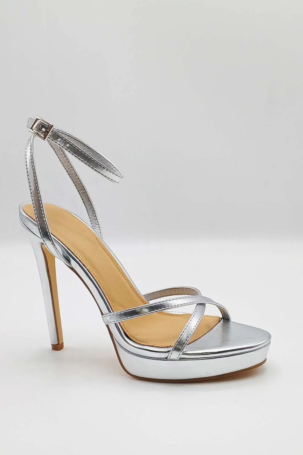 Kalilah Crossover Strap Platform Heeled Sandals in Silver