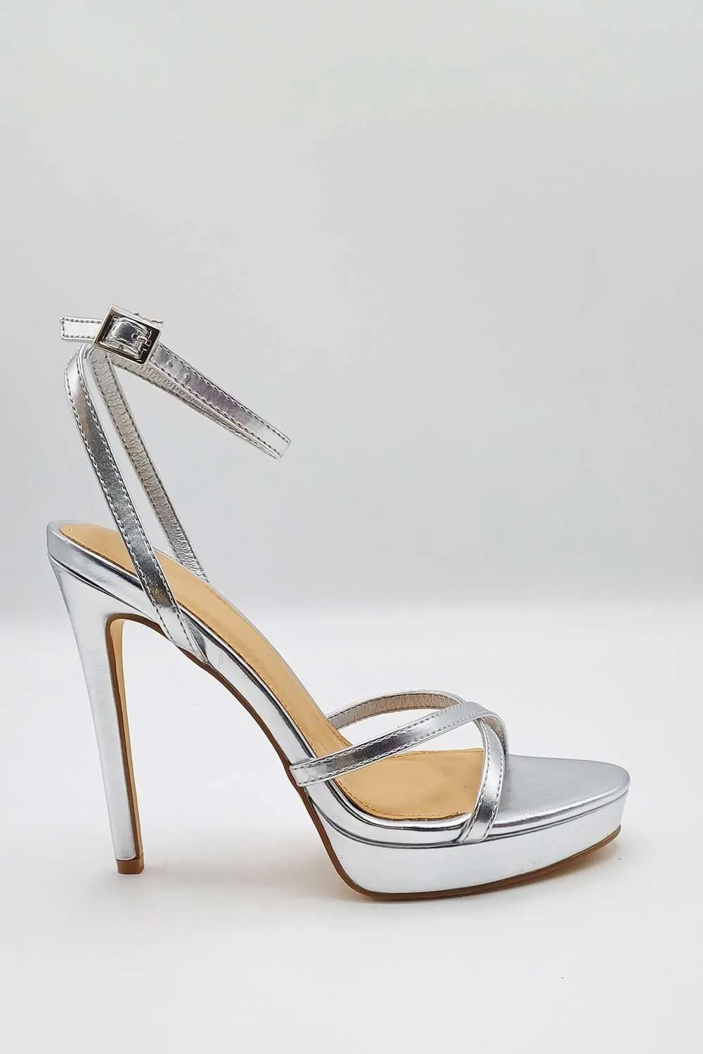 Kalilah Crossover Strap Platform Heeled Sandals in Silver