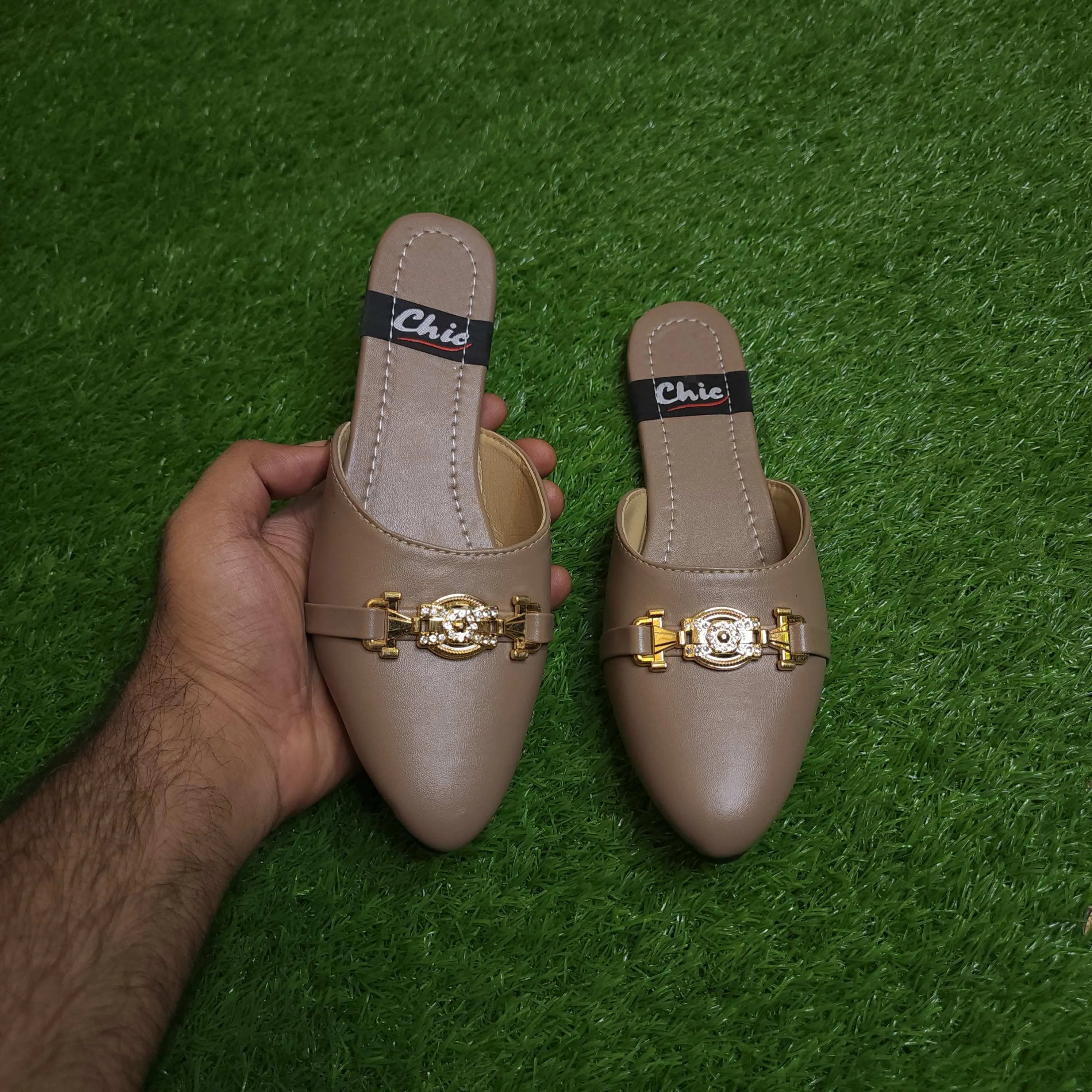 Khaki Buckle Mules in Flat