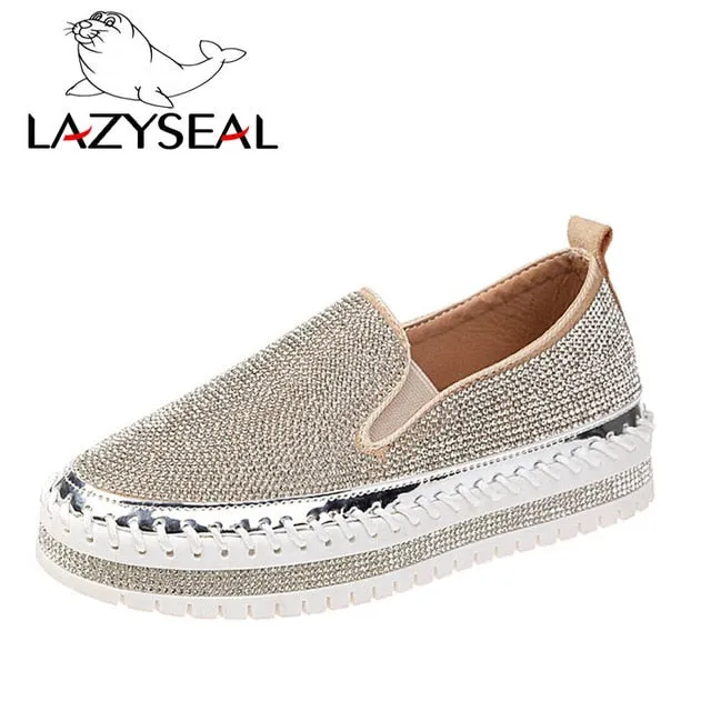 LazySeal Crystal Diamonds Women Flats Bling Woman Shoes Rhinestone Ladies Casual Shoes Round Toe Slip-on Platform Shoes