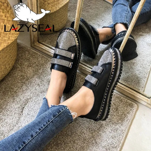 LazySeal Crystal Diamonds Women Flats Bling Woman Shoes Rhinestone Ladies Casual Shoes Round Toe Slip-on Platform Shoes