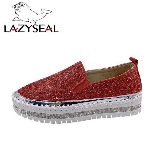 LazySeal Crystal Diamonds Women Flats Bling Woman Shoes Rhinestone Ladies Casual Shoes Round Toe Slip-on Platform Shoes