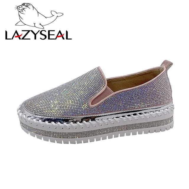 LazySeal Crystal Diamonds Women Flats Bling Woman Shoes Rhinestone Ladies Casual Shoes Round Toe Slip-on Platform Shoes