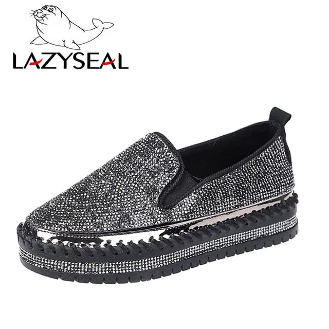 LazySeal Crystal Diamonds Women Flats Bling Woman Shoes Rhinestone Ladies Casual Shoes Round Toe Slip-on Platform Shoes