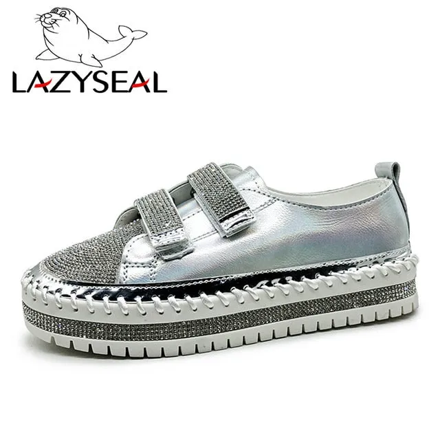 LazySeal Crystal Diamonds Women Flats Bling Woman Shoes Rhinestone Ladies Casual Shoes Round Toe Slip-on Platform Shoes