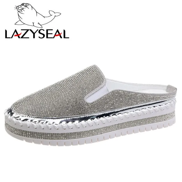 LazySeal Crystal Diamonds Women Flats Bling Woman Shoes Rhinestone Ladies Casual Shoes Round Toe Slip-on Platform Shoes