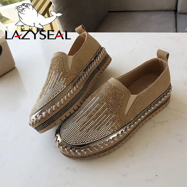LazySeal Crystal Diamonds Women Flats Bling Woman Shoes Rhinestone Ladies Casual Shoes Round Toe Slip-on Platform Shoes