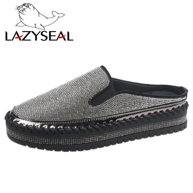 LazySeal Crystal Diamonds Women Flats Bling Woman Shoes Rhinestone Ladies Casual Shoes Round Toe Slip-on Platform Shoes