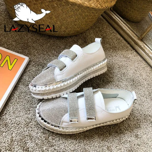 LazySeal Crystal Diamonds Women Flats Bling Woman Shoes Rhinestone Ladies Casual Shoes Round Toe Slip-on Platform Shoes