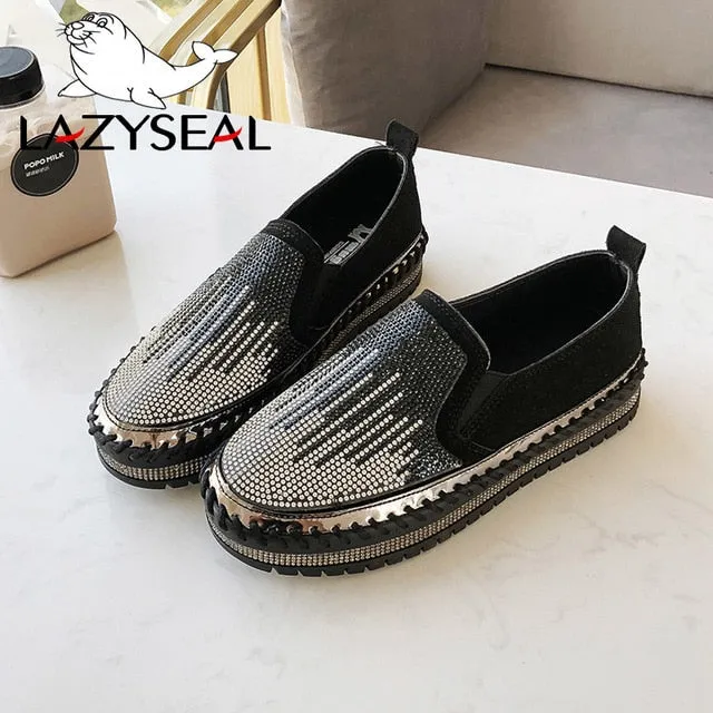 LazySeal Crystal Diamonds Women Flats Bling Woman Shoes Rhinestone Ladies Casual Shoes Round Toe Slip-on Platform Shoes