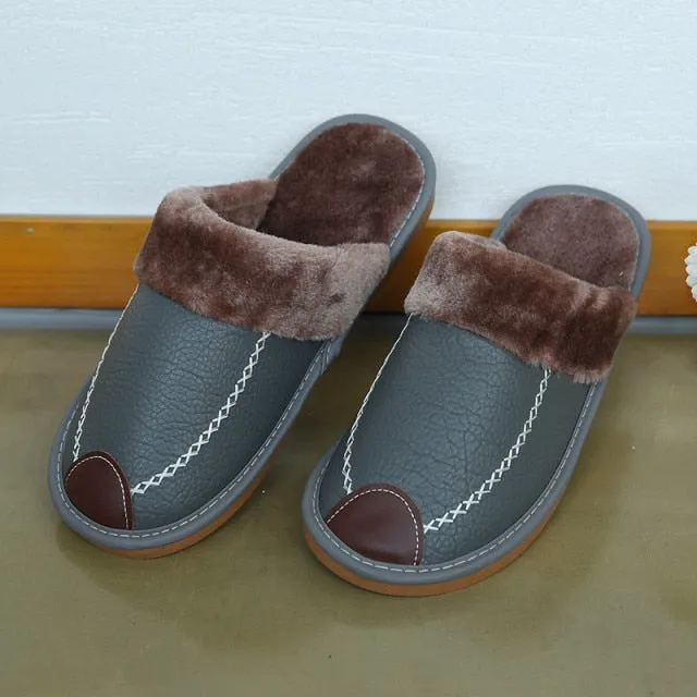 Men Slippers PU Indoor Slipper Waterproof Warm Leather Slippers