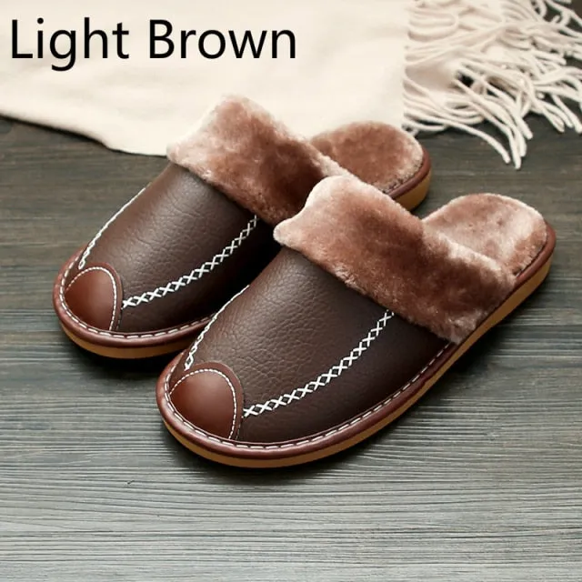 Men Slippers PU Indoor Slipper Waterproof Warm Leather Slippers