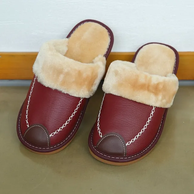 Men Slippers PU Indoor Slipper Waterproof Warm Leather Slippers