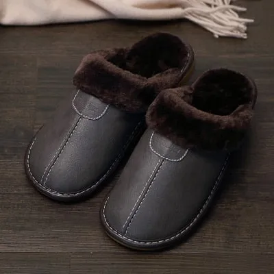 Men Slippers PU Indoor Slipper Waterproof Warm Leather Slippers