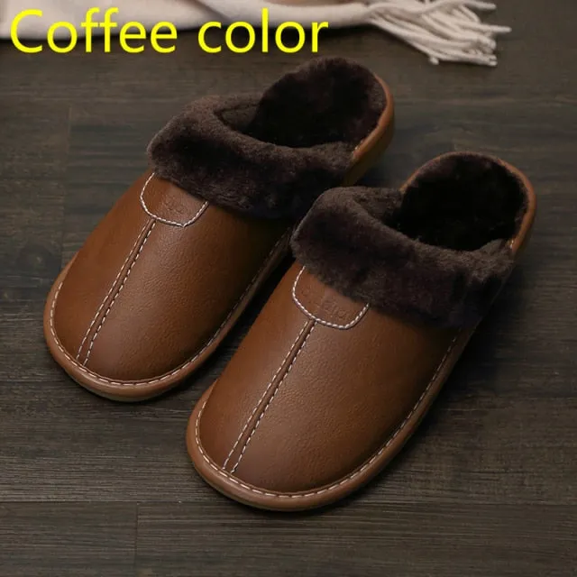 Men Slippers PU Indoor Slipper Waterproof Warm Leather Slippers