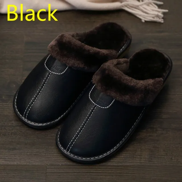 Men Slippers PU Indoor Slipper Waterproof Warm Leather Slippers