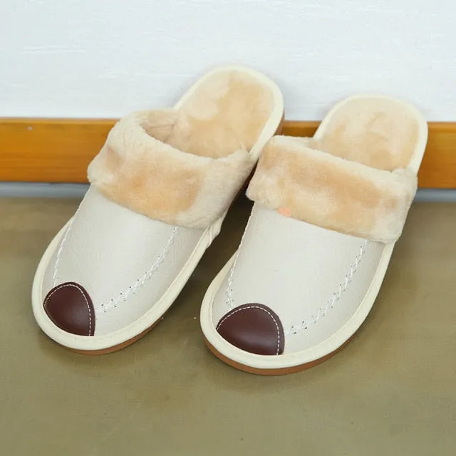 Men Slippers PU Indoor Slipper Waterproof Warm Leather Slippers