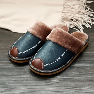 Men Slippers PU Indoor Slipper Waterproof Warm Leather Slippers