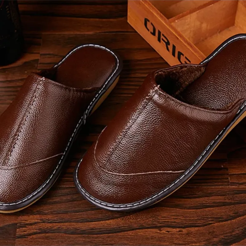 Men's Autumn/Winter Leather Warm Home Slippers