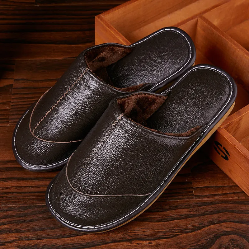 Men's Autumn/Winter Leather Warm Home Slippers