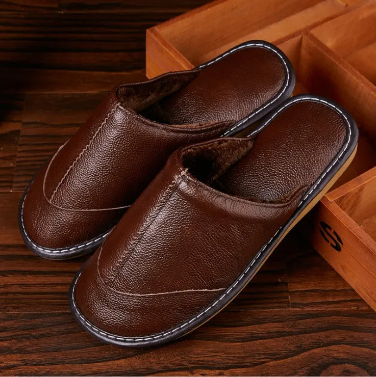 Men's Autumn/Winter Leather Warm Home Slippers